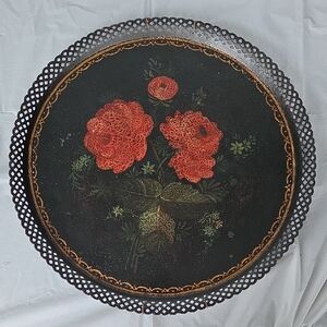 Vintage 1950s Floral Tole Decorative Tray | Hand Painted BlackRed Metal Serving